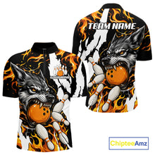 Load image into Gallery viewer, Personalized orange flame wolf bowling team jersey quarter zip shirt for men featuring detailed orange flame wolf graphics, premium custom bowling league apparel.