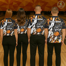 Load image into Gallery viewer, Bowling team wearing matching personalized orange flame wolf bowling team jerseys featuring premium wolf flame graphics, back view.