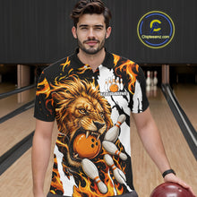 Load image into Gallery viewer, Man wearing personalized orange flame lion bowling team jersey polo shirt featuring orange flame lion artwork, front view.