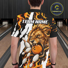 Load image into Gallery viewer, Man wearing personalized orange flame lion bowling team jersey polo shirt featuring orange flame lion artwork, back view.