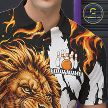 Load image into Gallery viewer, Close-up of the personalized orange flame lion bowling team jersey polo shirt showing the collar, buttons, premium performance fabric and detailed lion flame graphics.
