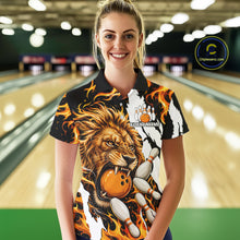 Load image into Gallery viewer, Woman wearing personalized orange flame lion bowling team jersey polo shirt featuring orange flame lion artwork, front view.