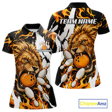Load image into Gallery viewer, Personalized orange flame lion bowling team jersey polo shirt for women featuring a fierce lion with blazing orange flame artwork, premium custom bowling league apparel for tournaments and league play.