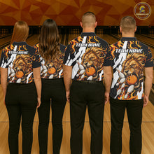 Load image into Gallery viewer, Bowling team wearing matching personalized orange flame lion bowling team jerseys featuring premium lion flame graphics, back view.