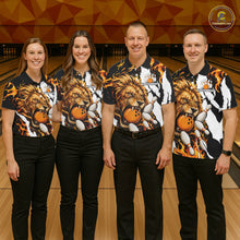 Load image into Gallery viewer, Bowling team wearing matching personalized orange flame lion bowling team jerseys featuring premium lion flame graphics, front view.