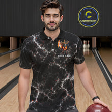 Load image into Gallery viewer, Man wearing personalized crown bowling ball lightning bowling team jersey polo shirt featuring crown and lightning bowling ball artwork, front view.