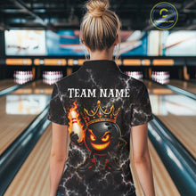 Load image into Gallery viewer, Woman wearing personalized crown bowling ball lightning bowling team jersey quarter zip shirt featuring crown and lightning bowling ball artwork, front view.