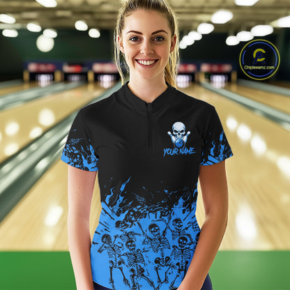 Black And Blue Funny Skeleton Bowling Shirts For Women Custom Skull Bowling League Team Jersey TDM7252