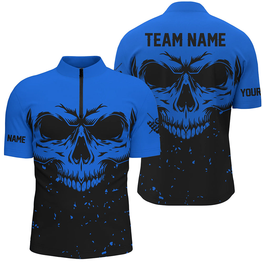 Custom Grunge Black Blue Skull Billiard Men Quarter-Zip Shirt, Billiards Apparel Clothing TDM0734