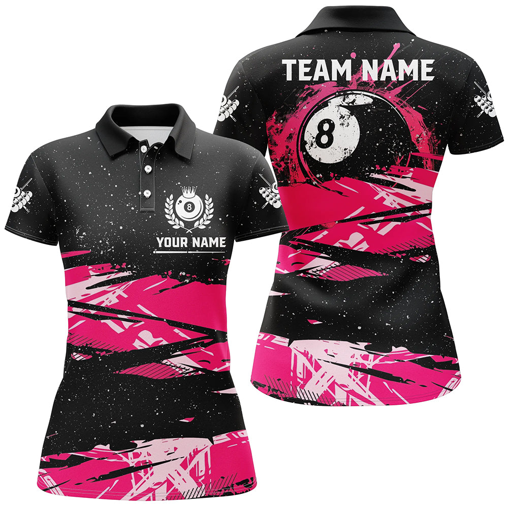 Custom Pink Grunge Billiard 8 Ball Pool Women Polo Shirts, Billiard Mother's Day Pool Player Gifts TDM1452