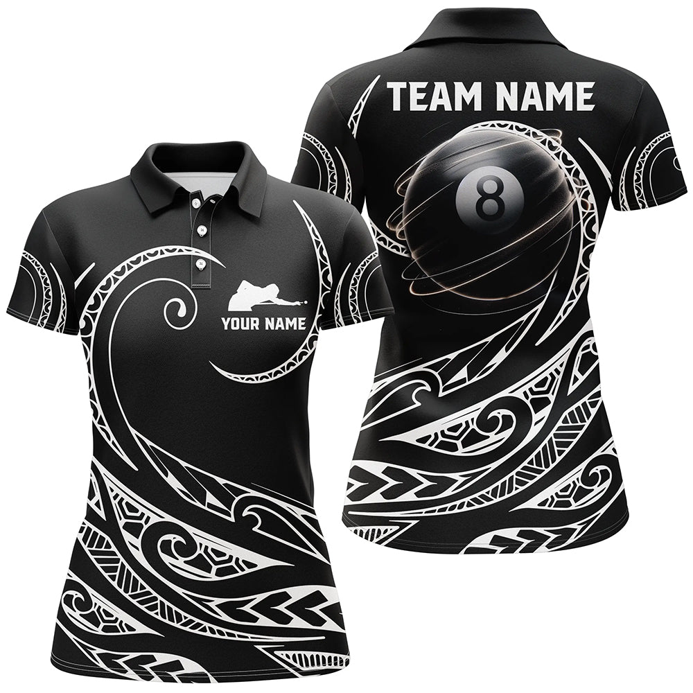 Personalized Black White 8 Ball Pool Tribal Pattern Women Polo Shirts Custom 3D Billiard Pool Jersey TDM1454