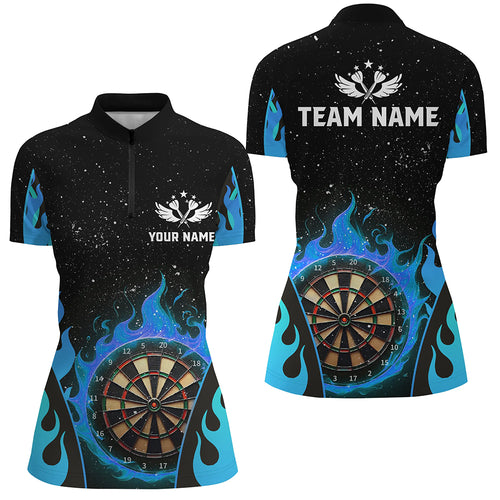 Customized Blue Darts Flaming Women Darts Quarter-Zip Shirt, Team Jersey Darts League Shirts TDM1456