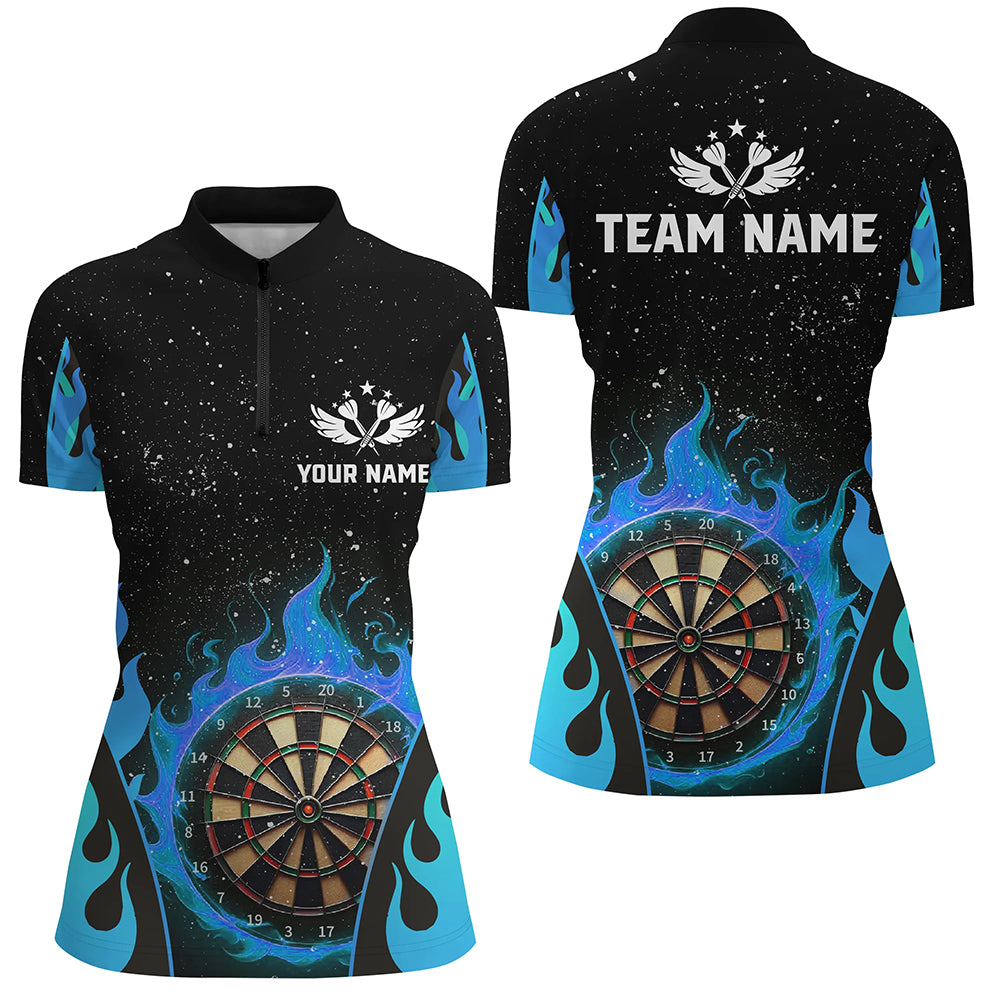 Customized Blue Darts Flaming Women Darts Quarter-Zip Shirt, Team Jersey Darts League Shirts TDM1456