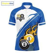 Load image into Gallery viewer, White And Blue 8 Ball &amp; 9 Ball Flame Billiard Shirt For Men Custom Pool Team Jersey Polo &amp; 1/4 Zip TDM6345