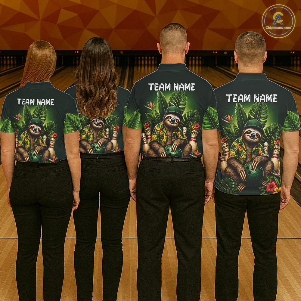 Custom Green Funny Sloth Tropical Bowling Shirts For Women, Bowling Team Jersey Polo & 1/4 Zip TDM6529