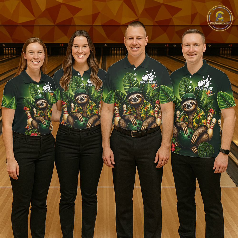 Custom Green Funny Sloth Tropical Bowling Shirts For Women, Bowling Team Jersey Polo & 1/4 Zip TDM6529