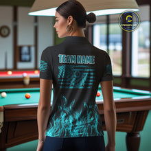 Load image into Gallery viewer, Turquoise Flaming American Flag Women&#39;s Billiard Shirt Custom Patriotic Pool Player Billiard Jersey TDM4194