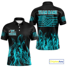 Load image into Gallery viewer, Turquoise Flaming American Flag Men&#39;s Billiard Shirt Custom Patriotic Pool Player Billiard Jersey TDM4194