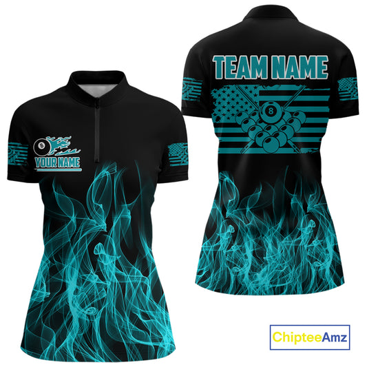 Turquoise Flaming American Flag Women's Billiard Shirt Custom Patriotic Pool Player Billiard Jersey TDM4194
