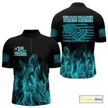 Load image into Gallery viewer, Turquoise Flaming American Flag Men&#39;s Billiard Shirt Custom Patriotic Pool Player Billiard Jersey TDM4194