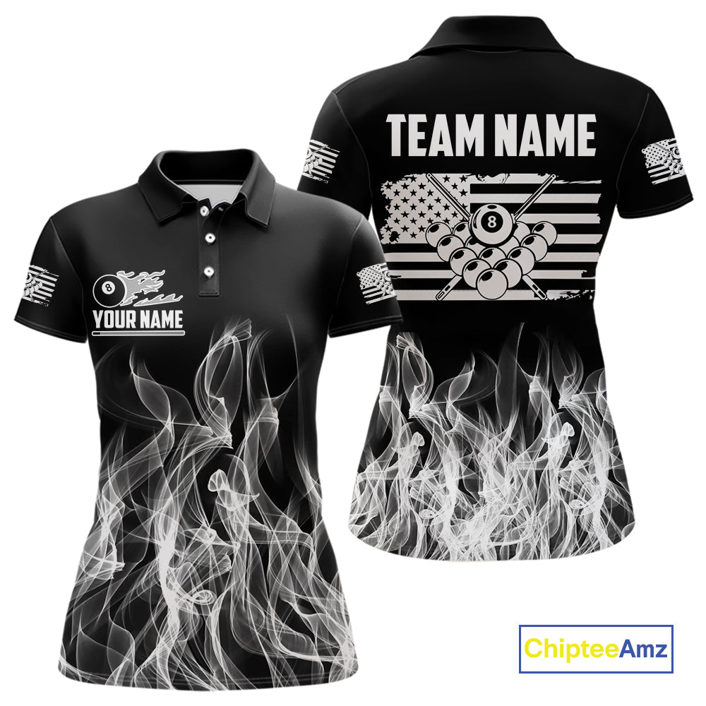 White Black Flaming American Flag Women Billiard Shirt Custom Patriotic Pool Player Billiard Jersey TDM4195