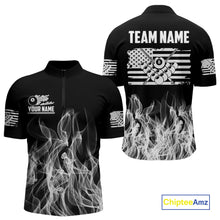 Load image into Gallery viewer, White Black Flaming American Flag Men Billiard Shirt Custom Patriotic Pool Player Billiard Jersey TDM4195