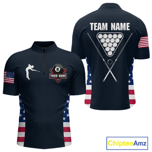 Custom US Flag 8 Ball Pool Billiard Shirt For Men, Billiard Team Jersey Polo & 1/4 Zip |Navy Blue TDM5478