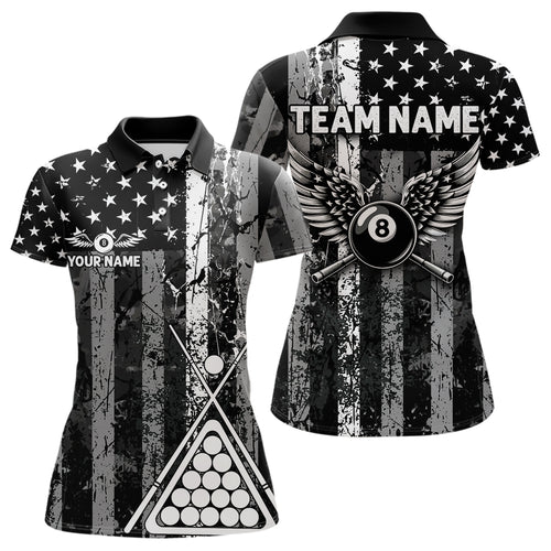 Black White 8 Ball Wings Grunge US Flag Patriotic Billiard Shirts For Women Custom Billiard Jerseys TDM3572