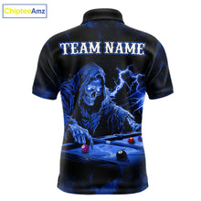 Load image into Gallery viewer, Personalized Smoke Skull Blue Billiard Shirts For Men, Grim Reaper Pool Jersey Team Polo &amp; 1/4 Zip TDM5934