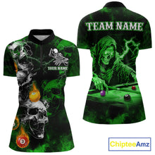Load image into Gallery viewer, Personalized Smoke Skull Green Billiard Shirts For Women, Grim Reaper Pool Jersey Team Polo, 1/4 Zip TDM5935