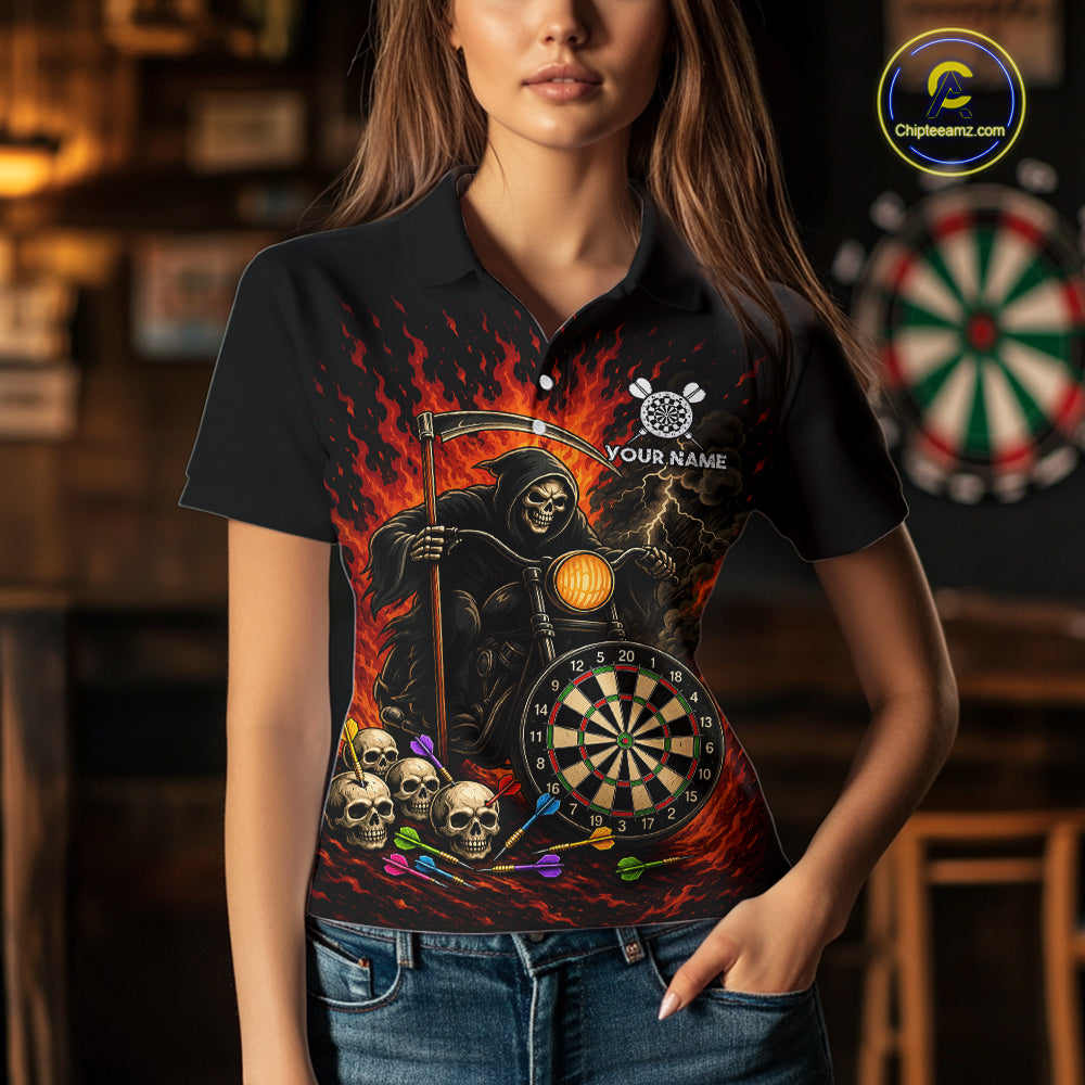 Personalized Grim Reaper Motorcycle Flame Darts Shirt For Women Custom Funny Darts Team Jersey TDM7263