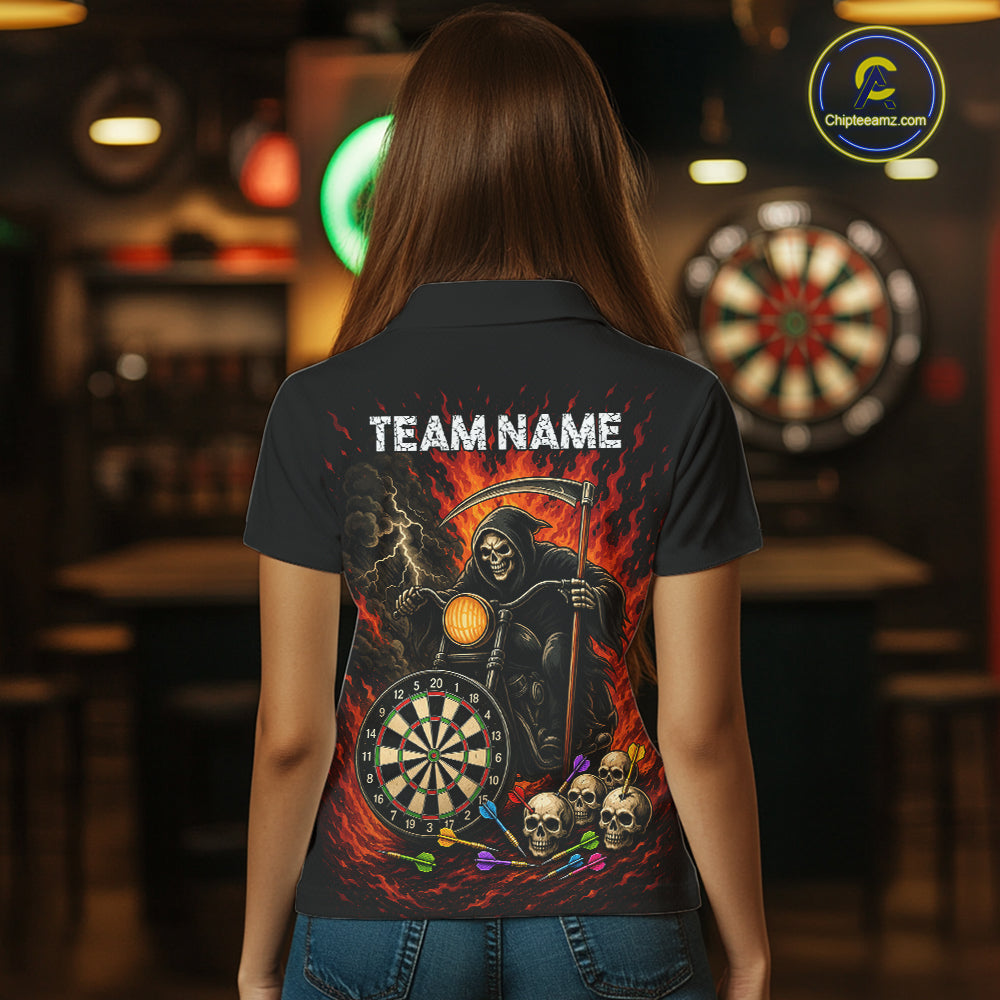 Personalized Grim Reaper Motorcycle Flame Darts Shirt For Women Custom Funny Darts Team Jersey TDM7263