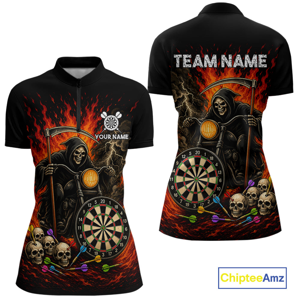 Personalized Grim Reaper Motorcycle Flame Darts Shirt For Women Custom Funny Darts Team Jersey TDM7263