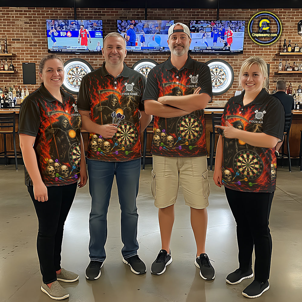 Personalized Grim Reaper Motorcycle Flame Darts Shirt For Men Custom Funny Darts Team Jersey TDM7263