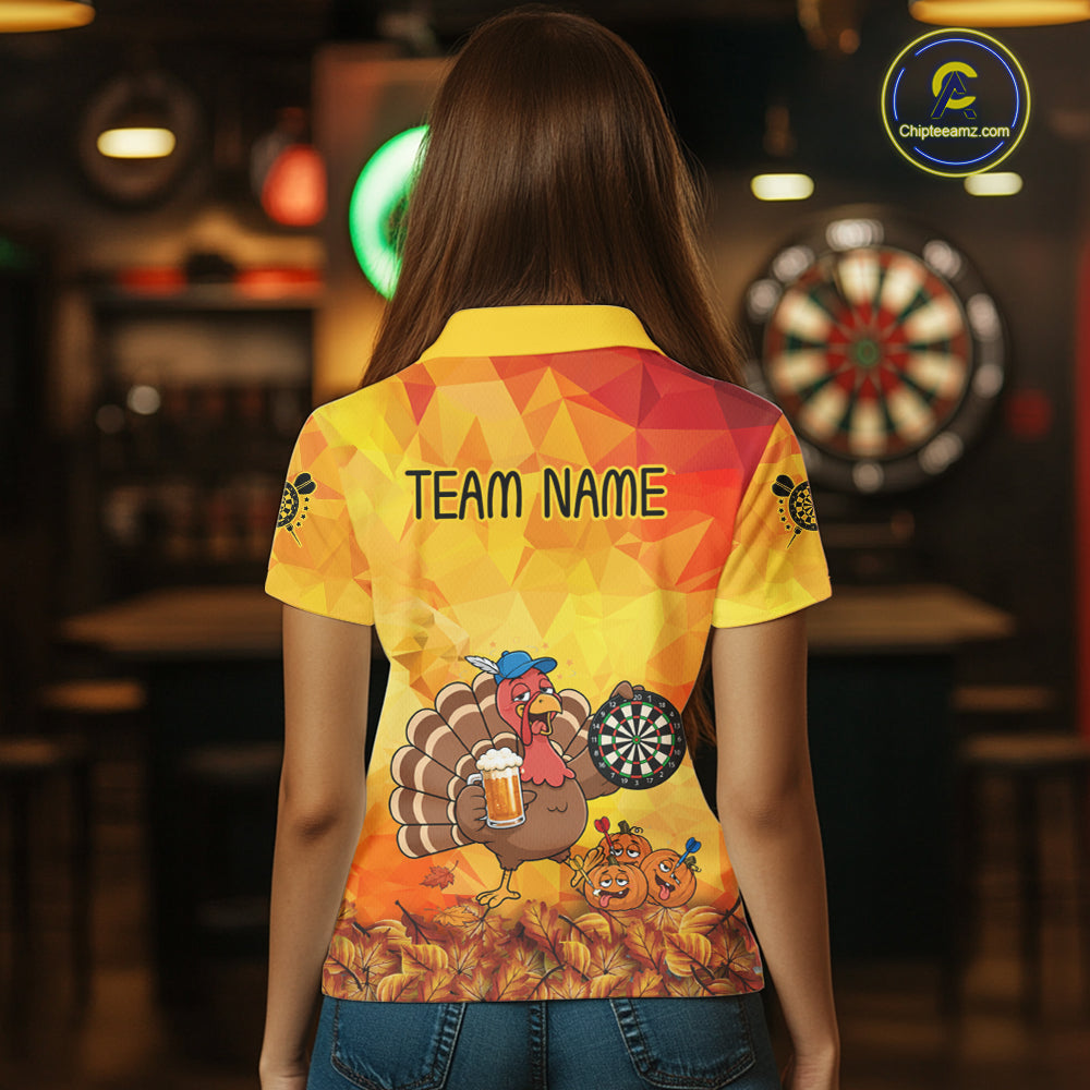 Orange And Yellow Funny Drunk Turkey Darts Shirts For Women Custom Thanksgiving Darts Team Jersey TDM7266
