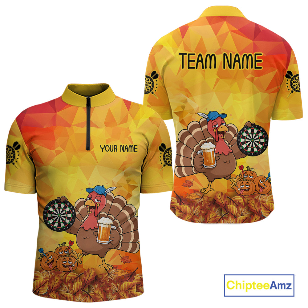 Orange And Yellow Funny Drunk Turkey Darts Shirts For Men Custom Thanksgiving Darts Team Jersey TDM7266