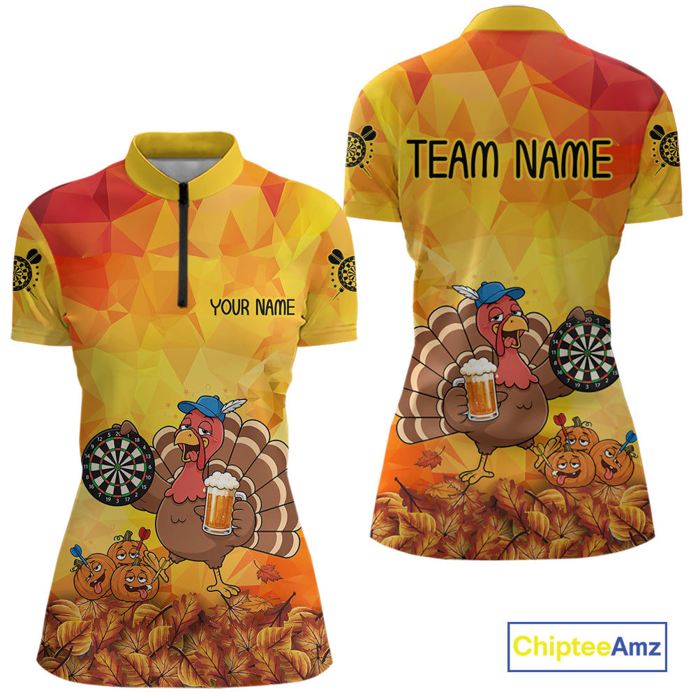 Orange And Yellow Funny Drunk Turkey Darts Shirts For Women Custom Thanksgiving Darts Team Jersey TDM7266