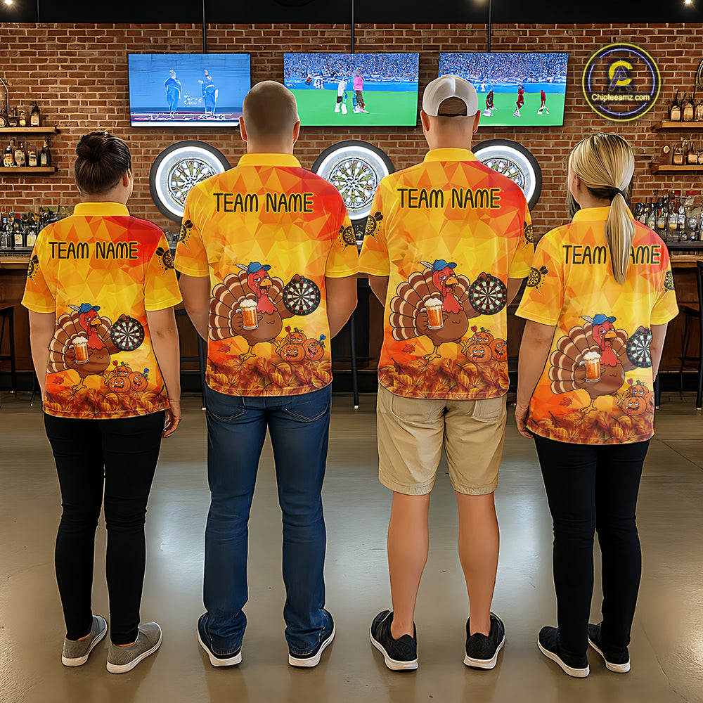Orange And Yellow Funny Drunk Turkey Darts Shirts For Women Custom Thanksgiving Darts Team Jersey TDM7266