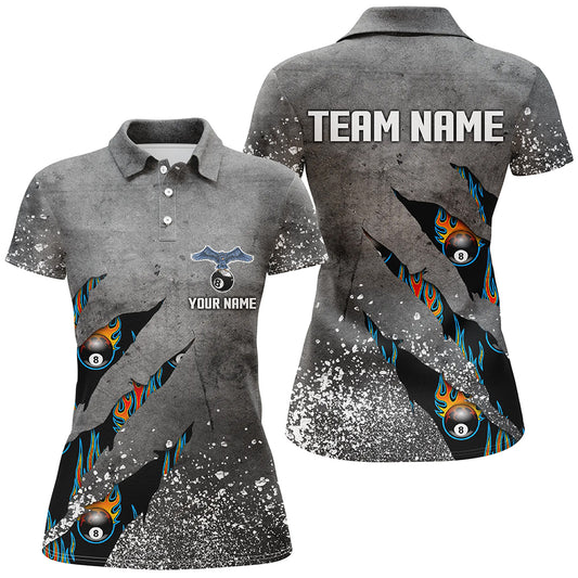 Custom Ball 8 Grey Grunge Billiard Polo Shirts For Women Custom Team Name Billiard Jerseys Shirts TDM0594