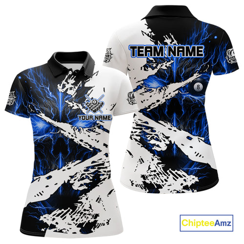 Personalized Lightning Skull Billiard Shirts For Women Custom Billiard Jerseys Grunge Style |Blue TDM5220