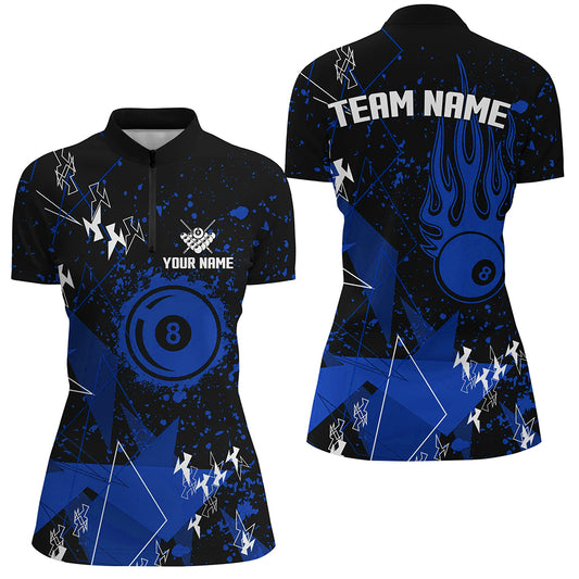 Personalized Blue Grunge Billiard Women Quarter-Zip Shirts, Billiards Jerseys For Pool Player TDM1253