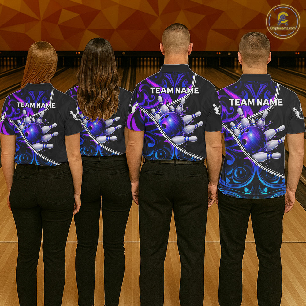 Neon Purple Blue Tribal Bowling Shirts For Women Custom Bowling Team Jersey Polo & Quarter Zip TDM6105