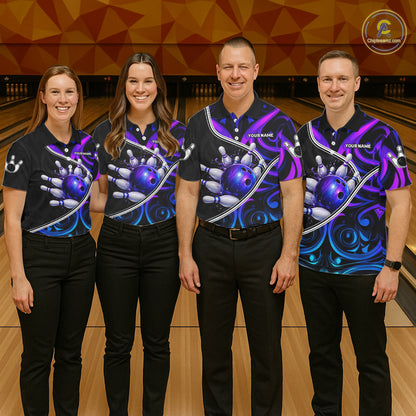 Neon Purple Blue Tribal Bowling Shirts For Women Custom Bowling Team Jersey Polo & Quarter Zip TDM6105