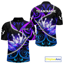 Load image into Gallery viewer, Custom Neon Purple Blue Tribal Bowling Shirts For Men, Bowling Team Jersey Polo &amp; Quarter Zip TDM6106