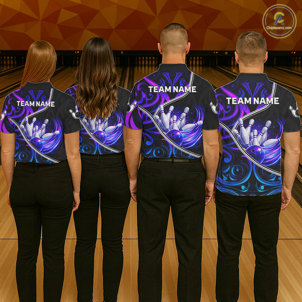 Custom Neon Purple Blue Tribal Bowling Shirts For Women, Bowling Team Jersey Polo & Quarter Zip TDM6106
