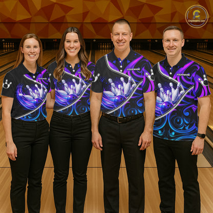 Custom Neon Purple Blue Tribal Bowling Shirts For Women, Bowling Team Jersey Polo & Quarter Zip TDM6106