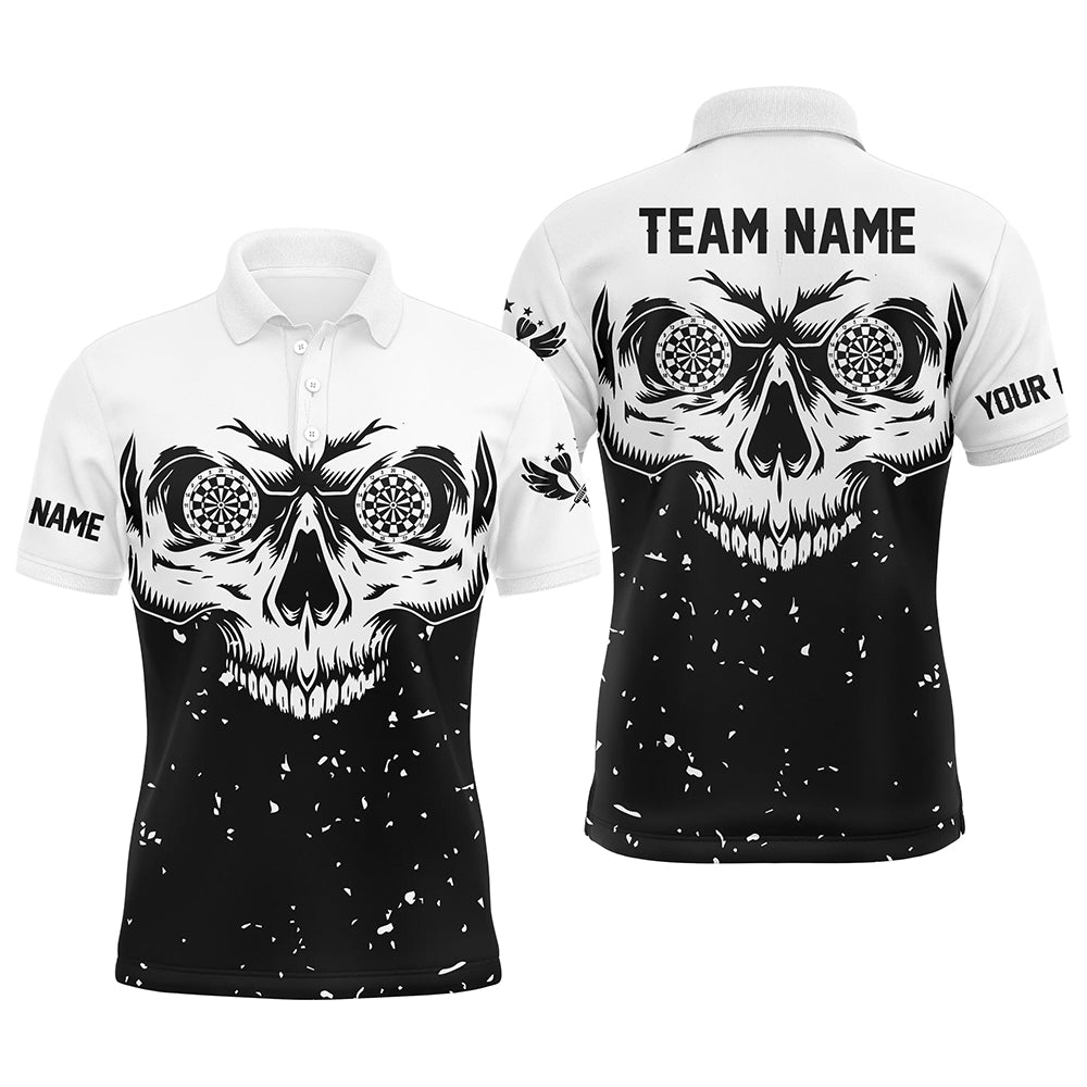 Custom Grunge Black White Skull Darts Men Polo Shirts, Personalized Team League Darts Shirts TDM1470