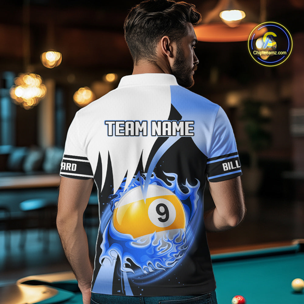 Custom Flame 8 Ball & 9 Ball Billiard Shirt For Men, Pool Team Jersey Polo & Quarter Zip |Blue TDM6540