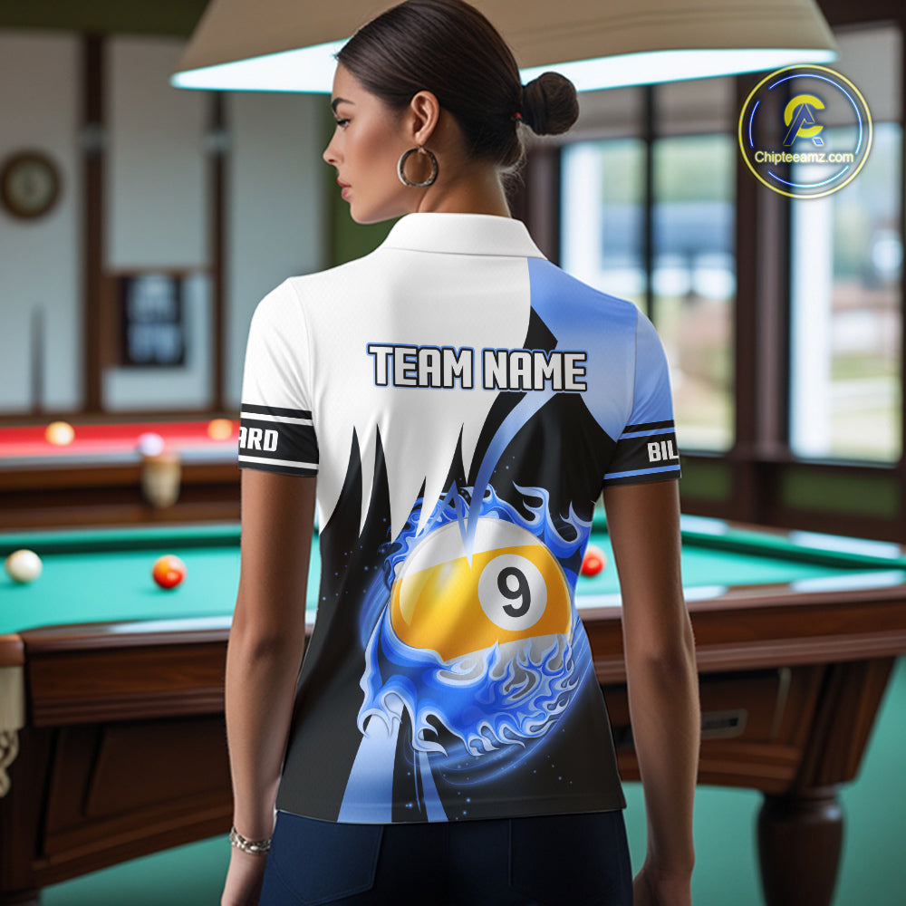 Custom Flame 8 Ball & 9 Ball Billiard Shirt For Women, Pool Team Jersey Polo & Quarter Zip |Blue TDM6540