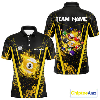 Yellow and Black Grunge 9 Ball Pool Billiard Polo Shirt Featuring a Custom Grunge Design for League Players, Team Competition, and Tournament Events